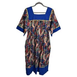 Vtg Krist Gudnason House Dress Size L Japanese Dragon Muumuu Kaftan Blue Cotton